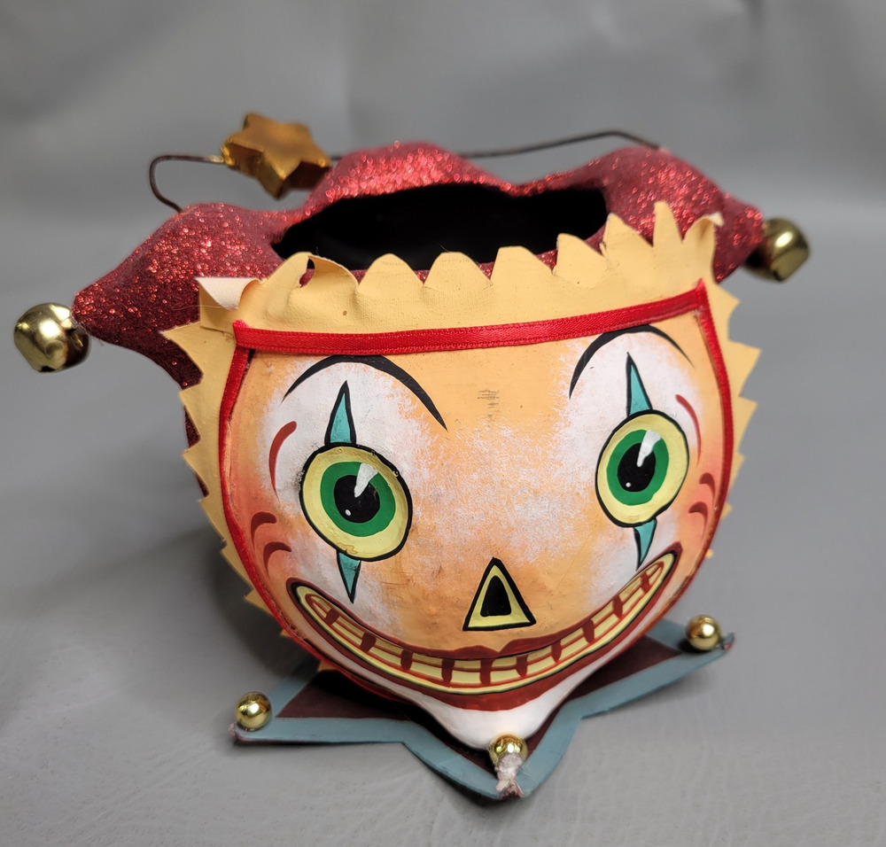 Vintage Dept 56 Jester Clown Candy Pail Bucket Paper Mache Halloween Decor